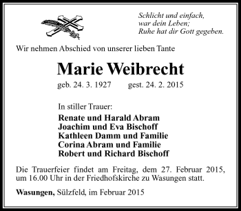Traueranzeige von Marie Weibrecht von Südthüringer Presse