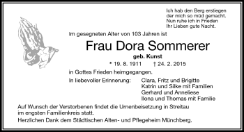 Traueranzeige von Dora Sommerer von Frankenpost