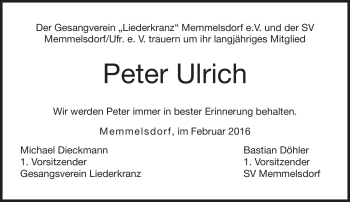 Traueranzeige von Peter Ulrich von Neue Presse Coburg