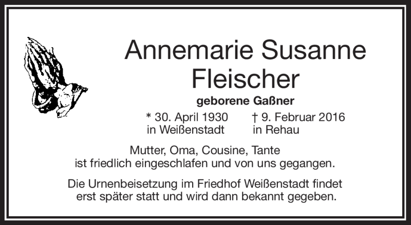  Traueranzeige für Annemarie Susanne Fleischer vom 20.02.2016 aus Frankenpost