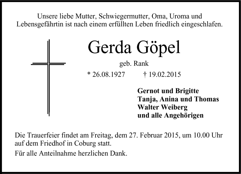  Traueranzeige für Gerda Göpel vom 24.02.2015 aus Neue Presse Coburg