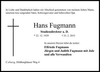 Traueranzeige von Hans Fugmann von Neue Presse Coburg