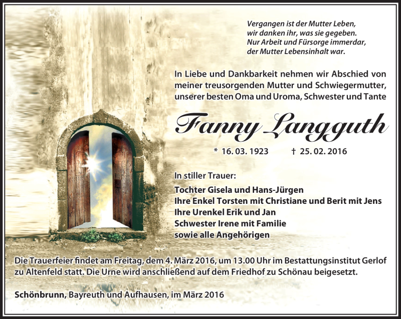  Traueranzeige für Fanny Langguth vom 01.03.2016 aus Südthüringer Presse