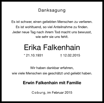 Traueranzeige von Erika Falkenhain von Neue Presse Coburg