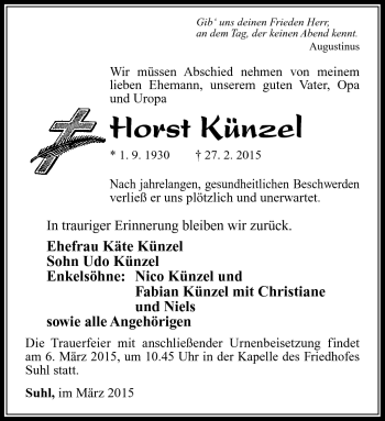 Traueranzeige von Horst Künzel von Südthüringer Presse