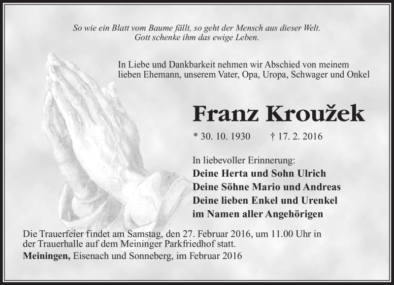  Traueranzeige für Franz Krouzek vom 23.02.2016 aus Südthüringer Presse