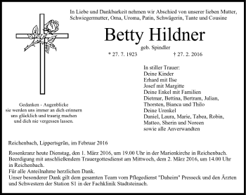 Traueranzeige von Betty Hildner von Frankenpost