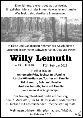Traueranzeige von Willy Lemuth von Südthüringer Presse