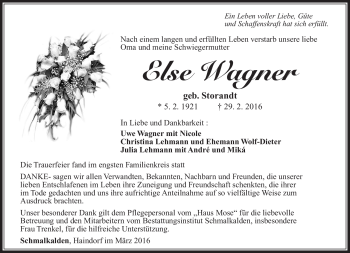 Traueranzeige von Else Wagner von Südthüringer Presse