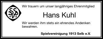 Traueranzeige von Hans Kuhl von Frankenpost