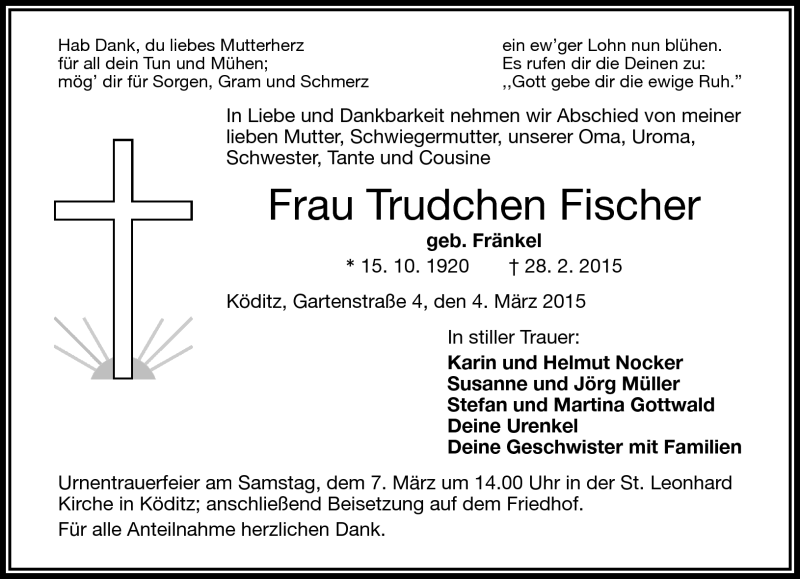  Traueranzeige für Trudchen Fischer vom 04.03.2015 aus Frankenpost