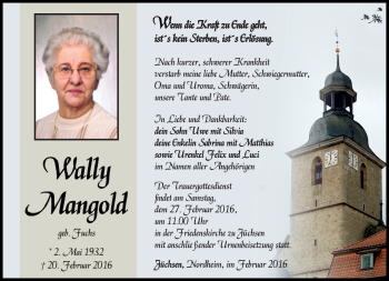 Traueranzeige von Wally Mangold von Südthüringer Presse