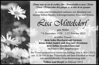 Traueranzeige von Lisa Mittelsdorf von Südthüringer Presse
