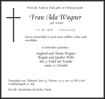 Traueranzeige von Ada Wagner von Frankenpost