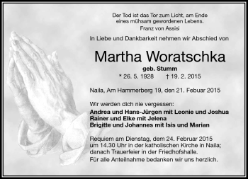 Traueranzeige von Martha Woratschka von Frankenpost
