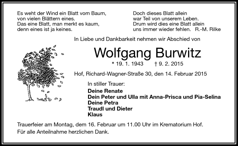  Traueranzeige für Wolfgang Burwitz vom 14.02.2015 aus Frankenpost