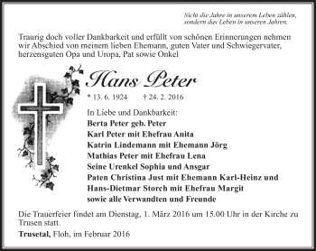 Traueranzeige von Hans Peter von Südthüringer Presse