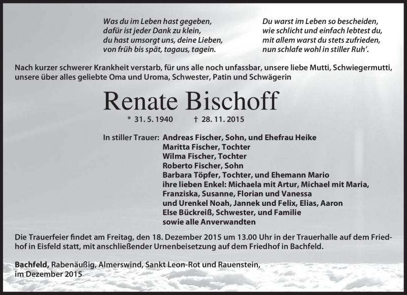  Traueranzeige für Renate Bischoff vom 11.12.2015 aus Südthüringer Presse