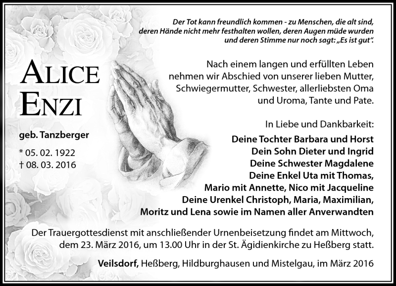  Traueranzeige für Alice Enzi vom 12.03.2016 aus Südthüringer Presse