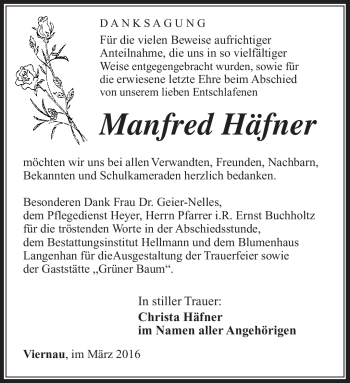 Traueranzeige von Manfred Häfner von Südthüringer Presse
