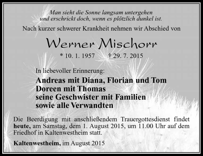  Traueranzeige für Werner Mischorr vom 01.08.2015 aus Südthüringer Presse