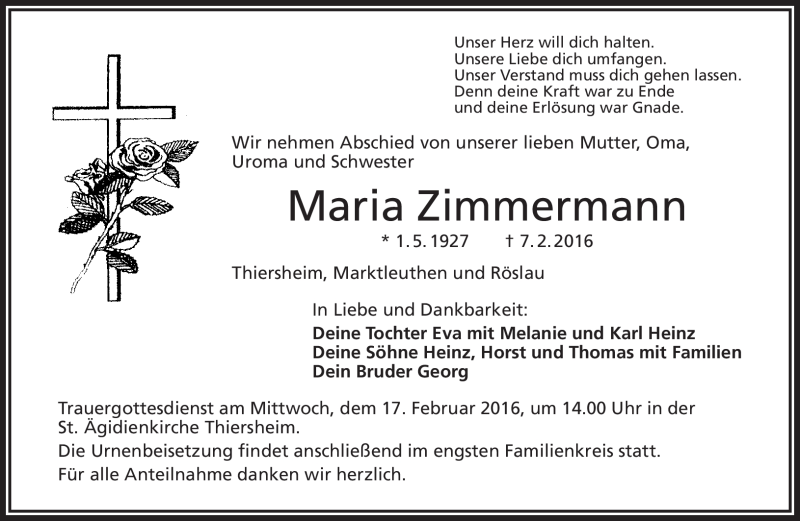  Traueranzeige für Maria Zimmermann vom 12.02.2016 aus Frankenpost