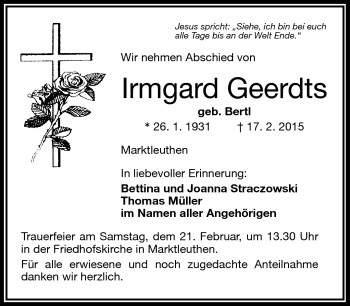 Traueranzeige von Irmgard Geerdts von Frankenpost