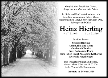 Traueranzeige von Heinz Hierling von Südthüringer Presse