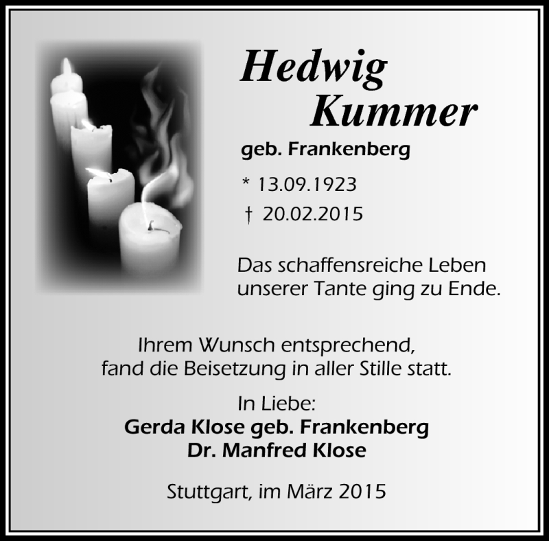  Traueranzeige für Hedwig Kummer vom 07.03.2015 aus Südthüringer Presse