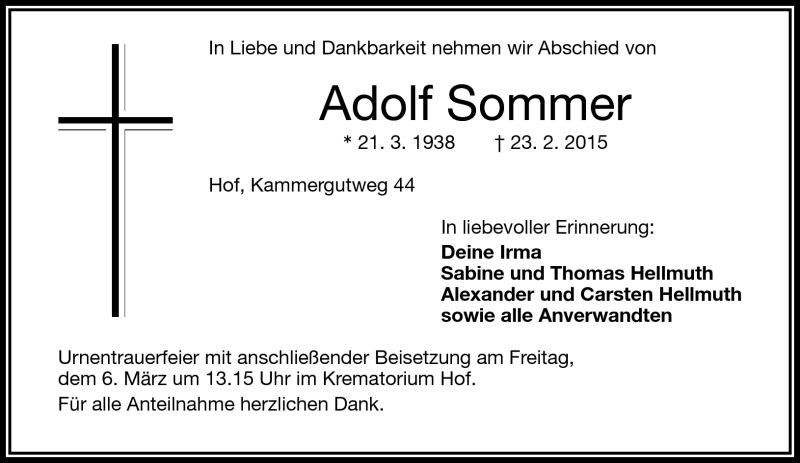  Traueranzeige für Adolf Sommer vom 03.03.2015 aus Frankenpost
