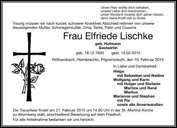 Traueranzeige von Elfriede Lischke von Frankenpost