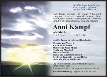 Traueranzeige von Anni Kämpf von Südthüringer Presse