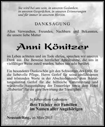 Traueranzeige von Anni Könitzer von Südthüringer Presse