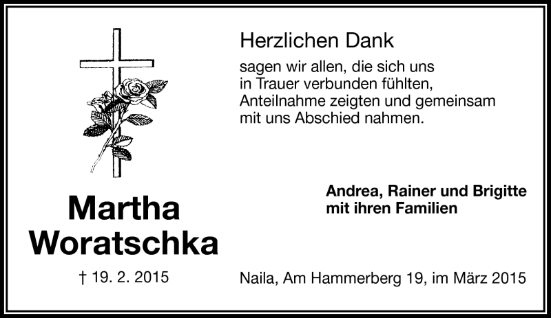  Traueranzeige für Martha Woratschka vom 06.03.2015 aus Frankenpost