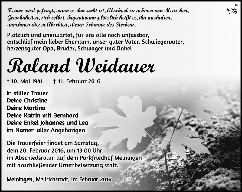  Traueranzeige für Roland Wiedauer vom 13.02.2016 aus Südthüringer Presse