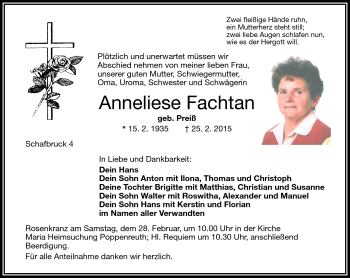 Traueranzeige von Anneliese Fachtan von Frankenpost