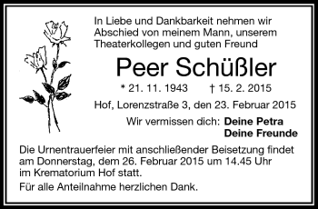 Traueranzeige von Peer Schüßler von Frankenpost