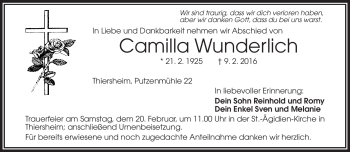 Traueranzeige von Camilla Wunderlich von Frankenpost