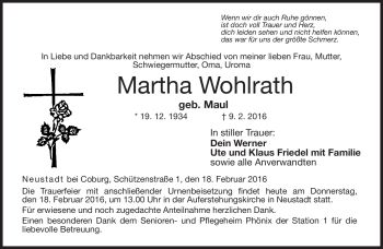 Traueranzeige von Martha Wohlrath von Neue Presse Coburg