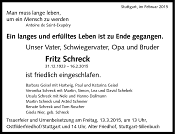 Traueranzeige von Fritz Schreck von Südthüringer Presse