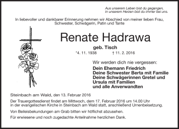 Traueranzeige von Renate Hadrawa von Neue Presse Coburg