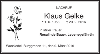 Traueranzeige von Klaus Gelke von Frankenpost