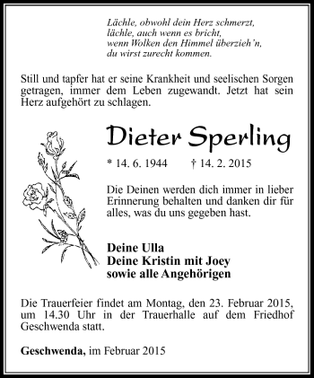 Traueranzeige von Dieter Sperling von Südthüringer Presse