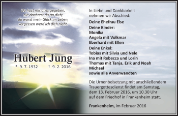 Traueranzeige von Hubert Jung von Südthüringer Presse