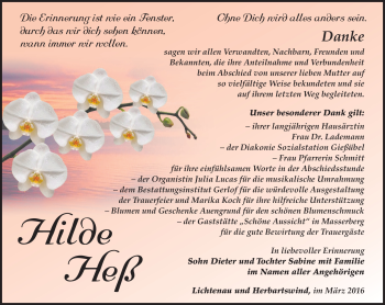 Traueranzeige von Hilde Heß von Südthüringer Presse