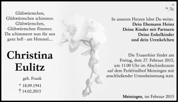 Traueranzeige von Christina Eulitz von Südthüringer Presse