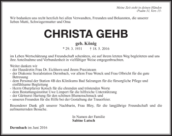 Traueranzeige von Christa Gehb von Südthüringer Presse