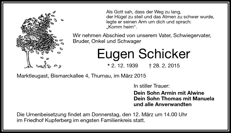  Traueranzeige für Eugen Schicker vom 09.03.2015 aus Frankenpost
