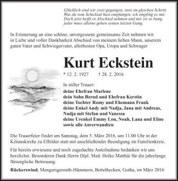 Traueranzeige von Kurt Eckstein von Südthüringer Presse