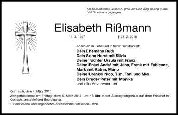 Traueranzeige von Elisabeth Rißmann von Neue Presse Coburg